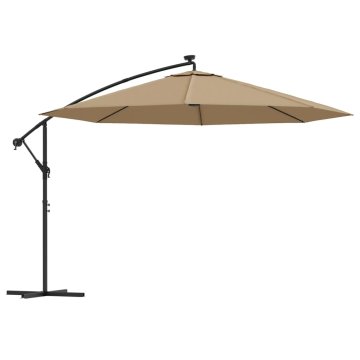 Vidaxl Previsni senčnik z LED lučmi in kovinskim drogom 350 cm taupe