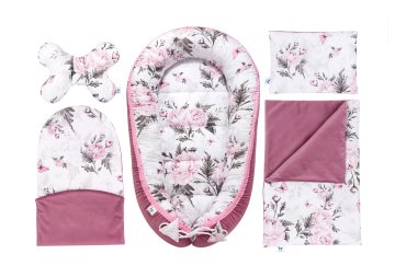 Inny Komplet za dojenčka 5v1 Pink Flowers z žametom old rosa - KN-Z5-PF-VOR