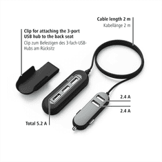 Hama USB polnilec za vozila 2+3, AutoDetect, 10 A, 2 m