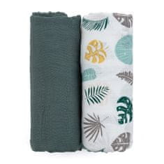 Petite&Mars PETITE&amp;MARS Bambusova muslinska odeja 2 kosa Misty Green Leaves 2v1, 120 x 120 cm