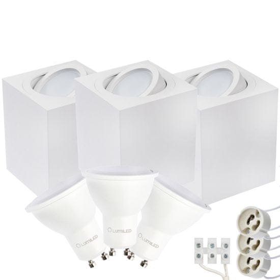 LUMILED 3x Stropna kvadratna halogenska svetilka AMAT-L 115mm + 3x LED žarnica GU10 6W = 60W 580lm 6500K Hladno bela