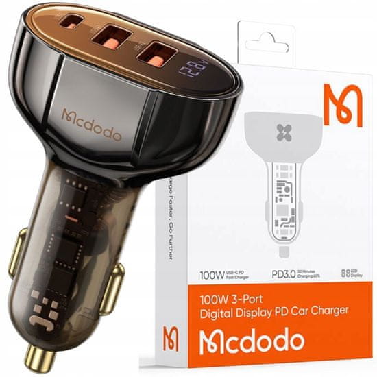 Mcdodo MCDODO MOČAN HITER AVTO POLNILEC METER 3X USB USB-C 100W VODIL