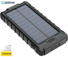 Platinet PMPB10SP solarni power bank, 10.000mAh, solarno polnjenje, USB / Type-C / microUSB, kompas, LED svetilka, črn