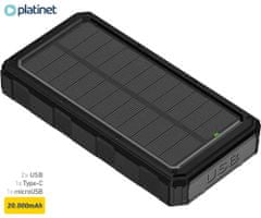 Platinet PMPB20SP solarni power bank, 20.000mAh, solarno polnjenje, USB / Type-C / microUSB, LED svetilka, črn