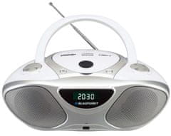 Blaupunkt CD predvajalnik in snemalnik Blaupunkt BB14WH v srebrni in beli barvi, s 40 prednastavljenimi postajami, MP3 predvajanjem in LCD zaslonom.