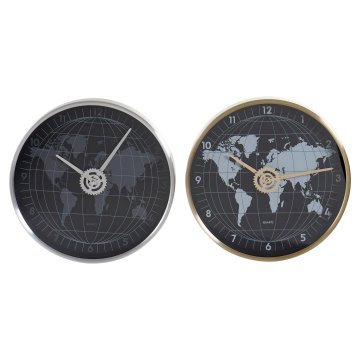 DKD Home Decor Stenska ura DKD Home Decor Black Golden Silver Aluminium Crystal World Map 30 x 4,3 x 30 cm (2 enoti)