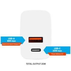 FIXED omrežni polnilnik z izhodom USB-C in USB, podpora za PD in QC 3.0, 20W, bel (FIXC20N-CU-WH)