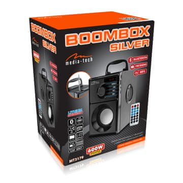 Media-Tech Boombox srebrn - Kompakten Bluetooth stereo zvočnik z vgrajenim nizkotoncem, izhodna moč 600 W. FM, MP3. Vgrajena polnilna baterija. Daljinski upravljalnik.