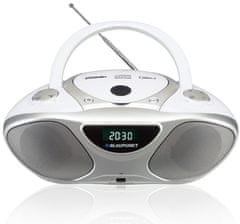 Blaupunkt CD predvajalnik in snemalnik Blaupunkt BB14WH v srebrni in beli barvi, s 40 prednastavljenimi postajami, MP3 predvajanjem in LCD zaslonom.