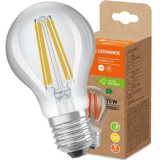 LEDVANCE LED žarnica E27 A60 5W = 75W 1055lm 3000K Topla bela 300° Filament