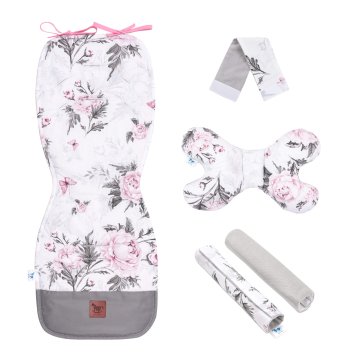 Inny Pink Flowers obojestranska podloga za otroški voziček z žametno sivo barvo - komplet 5 elementov - WWZ-Z5-PF-VG