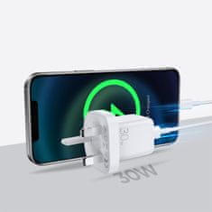 Joyroom Polnilec za telefon USB-C USB 30W PD QC 4,5A Angleški vtič UK bela