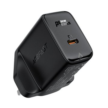 slomart acefast omrežni polnilec gan (uk vtič) usb tip c 30w, power delivery, pps, q3 3.0, afc, fcp črn (a24 uk black)