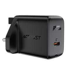 slomart acefast omrežni polnilec gan (uk vtič) usb tip c 30w, power delivery, pps, q3 3.0, afc, fcp črn (a24 uk black)
