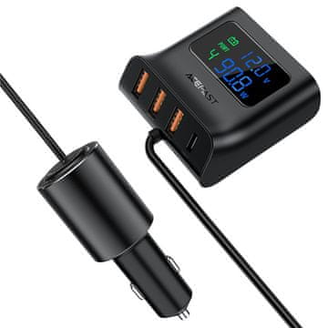 slomart acefast avtomobilski polnilec 90w usb tip c / 3x usb / vtičnica za vžigalnik, pps, pd3.0, qc3.0, afc, fcp polnilna postaja črna (b8 black)