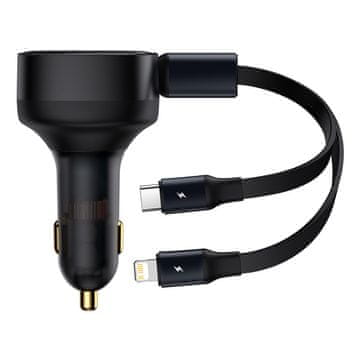 shumee 2v1 USB-C + iPhone Lightning avtopolnilec, izvlečni kabel, 75cm, 30W - črn