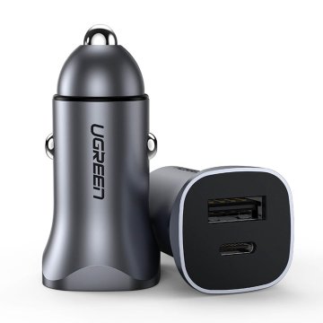 Ugreen Hitro polnilnik za avto USB-A in USB-C 30W PD PPS - siv