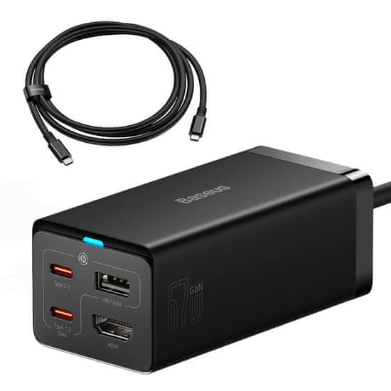 BASEUS 2v1 GaN5 Pro omrežni polnilec + pretvornik HUB HDMI 4K 2x USB-C USB-A črn