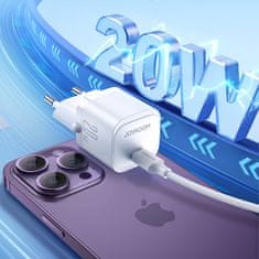 Joyroom Mini USB-C 20W PD omrežni polnilec s kablom za iPhone Lightning bele barve