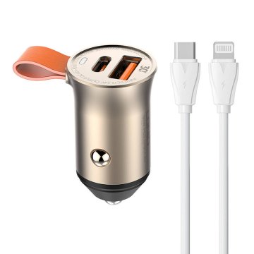 LDNIO avtomobilski polnilec ldnio c509q, usb + usb-c, 30w + kabel usb-c s strelo (zlat)