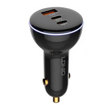 LDNIO C102 avtomobilski polnilnik, USB + 2x USB-C, 160 W + kabel USB-C na USB-C (črn)