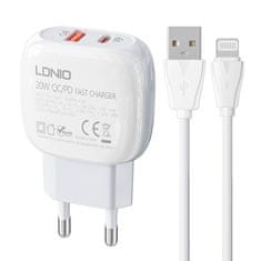 LDNIO A2313C USB, USB-C 20W omrežni polnilnik + kabel USB z Lightning