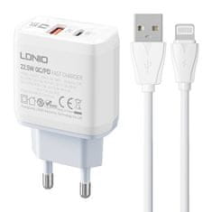 LDNIO A2421C USB, USB-C 22,5W omrežni polnilnik + kabel Lightning