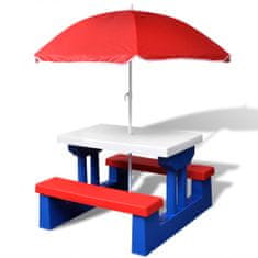 Vidaxl Otroška piknik miza s klopmi in senčnikom večbarvna