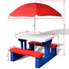 Vidaxl Otroška piknik miza s klopmi in senčnikom večbarvna