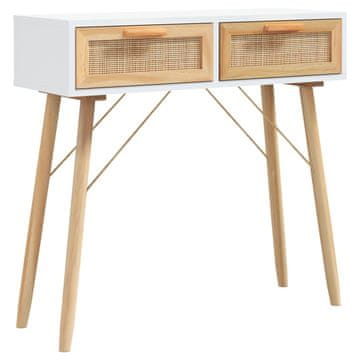 Vidaxl Konzolna mizica bela 80x30x75cm trdna borovina in naravni ratan
