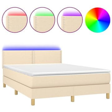 Vidaxl Box spring postelja z vzmetnico LED krem 140x190 cm blago