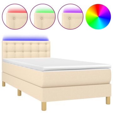 Vidaxl Box spring postelja z vzmetnico LED krem 90x200 cm blago
