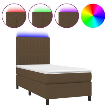 Vidaxl Box spring postelja z vzmetnico LED temno rjava 90x200 cm blago
