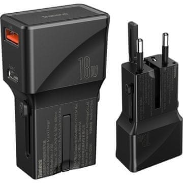 BASEUS PPS QType-C potovalni polnilec + USB 18W, QC (EU / US / UK / AU), črn (CCTY-01)