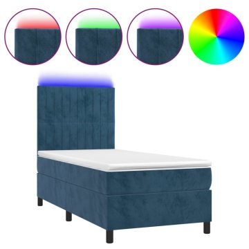 Vidaxl Box spring postelja z vzmetnico LED temno modra 90x200 cm žamet