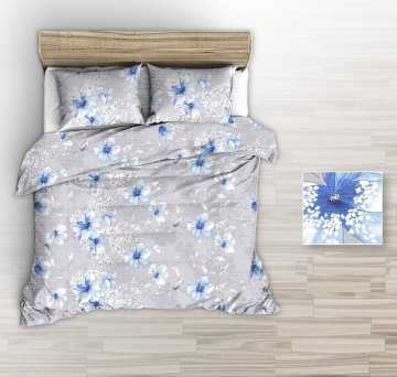 Posteljnina iz lubja 160x200 siva z velikimi modrimi narisanimi cvetovi