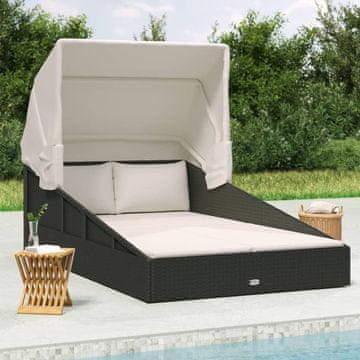 Vidaxl vidaXL Ležalnik z zložljivo streho črne barve 200x114x128 cm poli ratan
