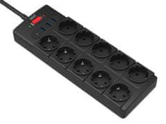 Well EXTS-10S2M podaljšek s prenapetostno zaščito, 10x vtičnica 230V + 3x USB, 1xUSB-C, 16A, 3680W, 2m