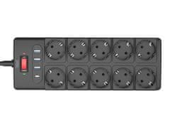 Well EXTS-10S2M podaljšek s prenapetostno zaščito, 10x vtičnica 230V + 3x USB, 1xUSB-C, 16A, 3680W, 2m