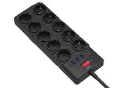 Well EXTS-10S2M podaljšek s prenapetostno zaščito, 10x vtičnica 230V + 3x USB, 1xUSB-C, 16A, 3680W, 2m