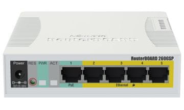 Mikrotik upravljano stikalo RB260GSP, 5x GbE PoE, SFP, SwOS, PSU (PoE budget 55W)