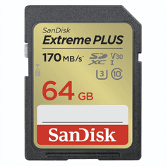 SanDisk Extreme PLUS 64 GB SDXC pomnilniška kartica 170 MB/s in 80 MB/s, UHS-I, razred 10, U3, V30