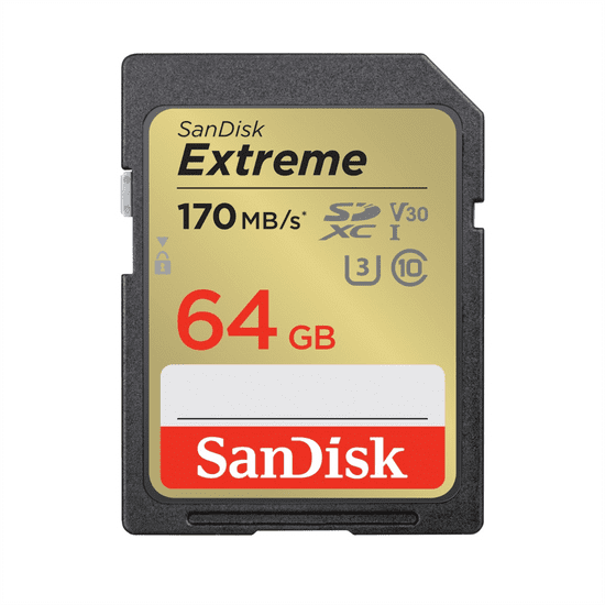 SanDisk Extreme 64 GB SDXC pomnilniška kartica 170 MB/s in 80 MB/s, UHS-I, razred 10, U3, V30
