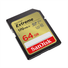 SanDisk Extreme 64 GB SDXC pomnilniška kartica 170 MB/s in 80 MB/s, UHS-I, razred 10, U3, V30