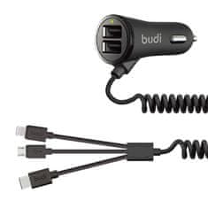 Budi Avtomobilski polnilec 2x USB Budi 068T3, 3,4A + kabel 3v1 USB do USB-C / Lightning / Micro USB (črn)