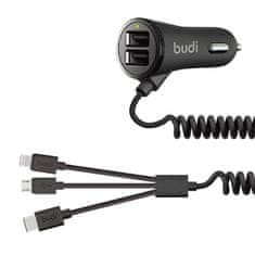 Budi avtomobilski polnilec led budi 2x usb, 3,4a + kabel 3v1 usb v usb-c / lightning / micro usb (črn)