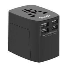 Budi Univerzalni omrežni polnilnik / napajalnik 4x USB, 5A, EU/UK/AUS/US/JP (črn)