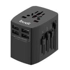 Budi Univerzalni omrežni polnilnik / napajalnik 4x USB, 5A, EU/UK/AUS/US/JP (črn)