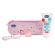 Chicco Komplet zobne ščetke in zobne paste s fluoridom v kovčku Always Smiling pink 12m+