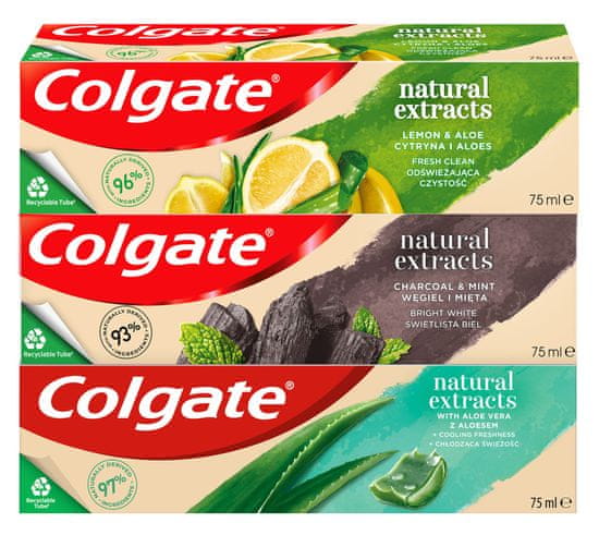Colgate Naravni izvlečki Aloe Vere zobna pasta, oglje in meta, limona in aloja, 3 x 75 ml